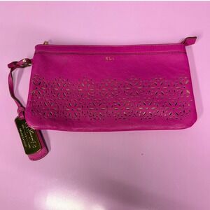 Ralph Lauren Pink Leather Laser Cut Clutch Pouch‎ Bag RL Logo Preppy Coquette